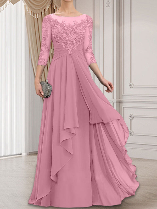 Robe de mariée en mousseline de dentelle, coupe trapèze, décolleté illusion, longueur au sol, avec volants cascade, idéale pour la mère de la mariée.