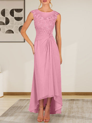 Champagne A-Line Scoop Lace Chiffon Dress