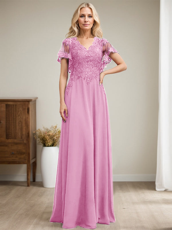 Vestido de novia de corte A, escote en V, largo hasta el suelo, de gasa de encaje con lentejuelas para la madre de la novia 
