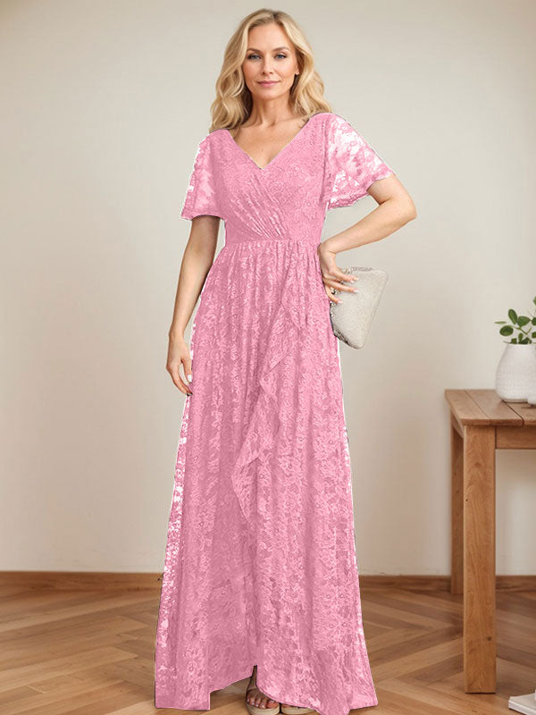 Vestido de novia de encaje asimétrico con escote en V y corte en A para la madre de la novia, con volantes en cascada. 