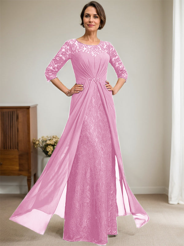 Vestido de novia de corte línea A, escote redondo ilusión, largo hasta el suelo, de gasa de encaje con volantes y pedrería. 