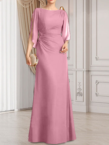 Robe fourreau/colonne longue en mousseline pour la mère de la mariée, ornée de perles plissées.