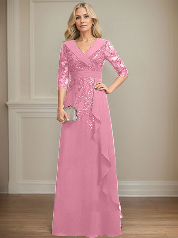 A-line Collared V-Neck Floor-Length Lace Chiffon Mother of the Bride Dress With Sequins Cascading Ruffles