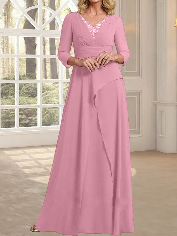 Vestido de gasa de corte A, escote en V, largo hasta el suelo, para la madre de la novia, con plisados ​​y cuentas.