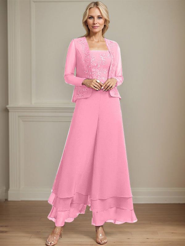 Conjunto de pantalón y chaqueta de dos piezas, corte cuadrado, largo hasta el tobillo, encaje, gasa, vestido de madre de la novia con lentejuelas 