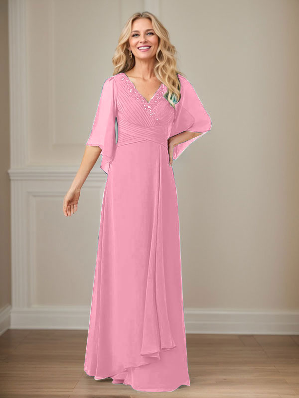 Vestido de mamá largo de gasa con lentejuelas, escote en V y corte en A