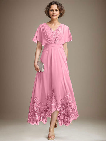 A-line V-Neck Asymmetrical Lace Chiffon Mother of the Bride Dress With Pleated