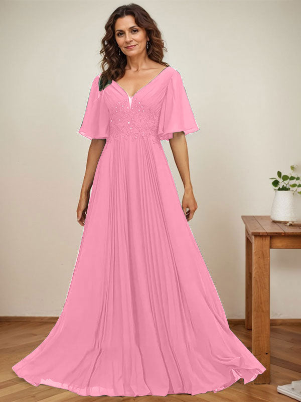 Vestido de corte A, escote en V, largo hasta el suelo, de gasa, para la madre de la novia, con apliques de lentejuelas y encaje plisado. 