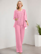 Vestido de novia de gasa con encaje y lentejuelas, estilo mono/pantalón, largo hasta el suelo, con escote redondo.