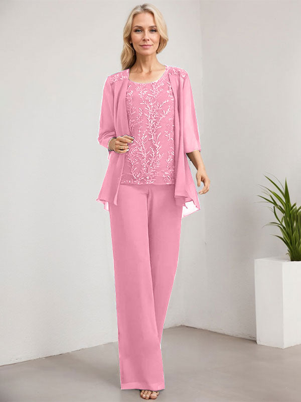 Vestido de novia de gasa con encaje y lentejuelas, estilo mono/pantalón, largo hasta el suelo, con escote redondo.