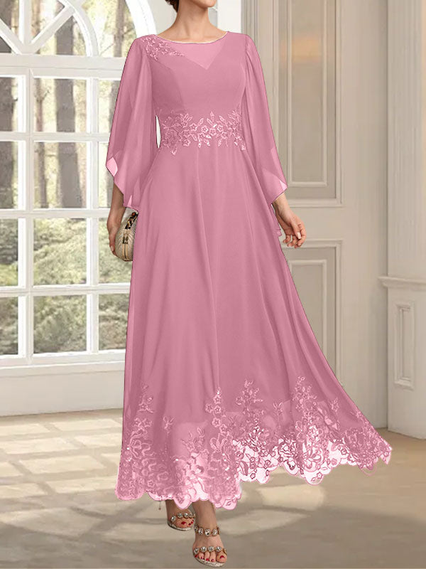 Robe de mère de la mariée en mousseline de dentelle, coupe trapèze, décolleté illusion, longueur cheville, ornée de sequins 