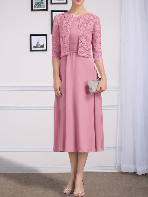 Vestido de chifón de corte línea A, largo té, para la madre de la novia, con escote redondo y pliegues.