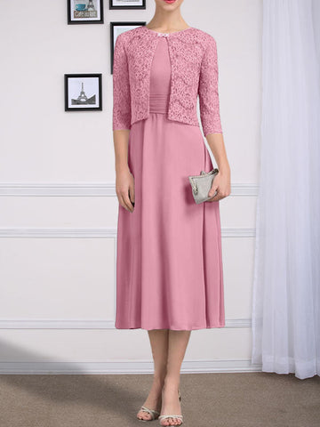 A-line Scoop Tea-Length Chiffon Mother of the Bride Dress With Pleated