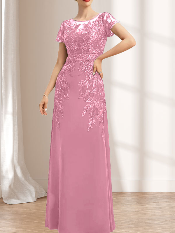 Vestido de novia de corte recto/columna, escote redondo, ilusión, largo hasta el suelo, de encaje y gasa con lentejuelas.