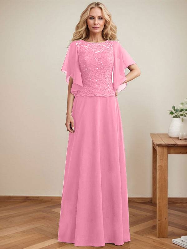 Vestido de novia de corte A, escote redondo, ilusión, largo hasta el suelo, de encaje y gasa con lentejuelas. 