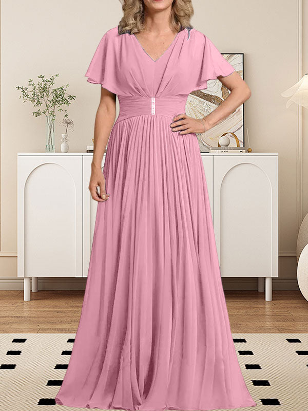 Vestido de gasa de corte A, escote en V, largo hasta el suelo, para la madre de la novia, con broche de cristal y pliegues. 