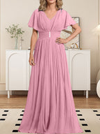 Vestido de gasa de corte A, escote en V, largo hasta el suelo, para la madre de la novia, con broche de cristal y pliegues. 