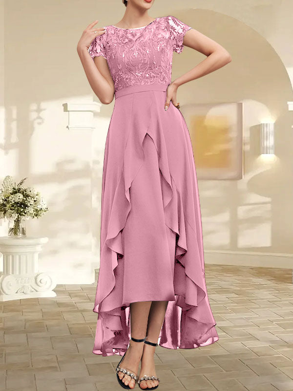 Vestido de novia asimétrico de gasa con encaje, corte en A, escote ilusión, detalle de lazo, volantes y lentejuelas para la madre de la novia 