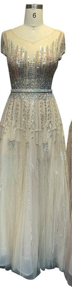 Pink A-Line Luxury Beading Sparkle Evening Dresses 2025 Dubai O-Neck Cap Sleeves Formal Dress LA70580