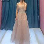 Pink A-Line Luxury Beading Sparkle Evening Dresses 2025 Dubai O-Neck Cap Sleeves Formal Dress LA70580