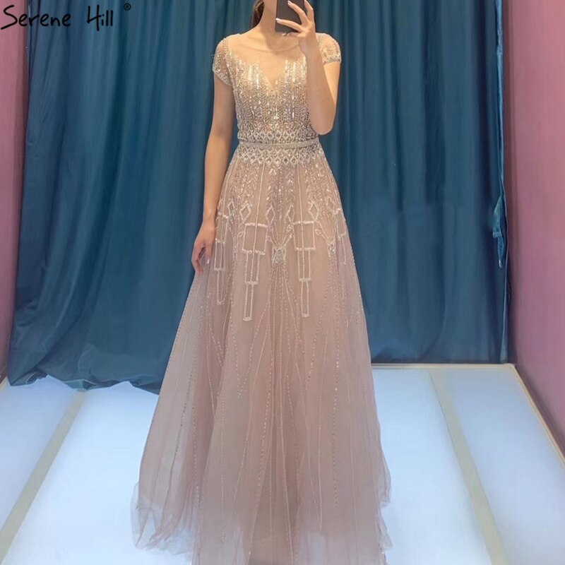 Pink A-Line Luxury Beading Sparkle Evening Dresses 2025 Dubai O-Neck Cap Sleeves Formal Dress LA70580