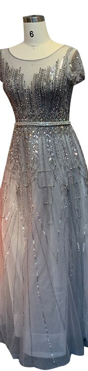 Pink A-Line Luxury Beading Sparkle Evening Dresses 2025 Dubai O-Neck Cap Sleeves Formal Dress LA70580
