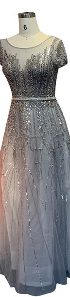 Pink A-Line Luxury Beading Sparkle Evening Dresses 2025 Dubai O-Neck Cap Sleeves Formal Dress LA70580