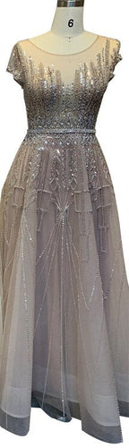 Pink A-Line Luxury Beading Sparkle Evening Dresses 2025 Dubai O-Neck Cap Sleeves Formal Dress LA70580