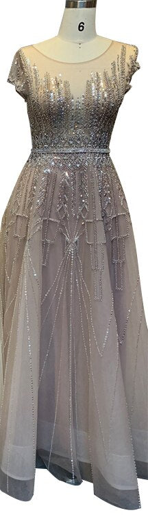 Pink A-Line Luxury Beading Sparkle Evening Dresses 2025 Dubai O-Neck Cap Sleeves Formal Dress LA70580
