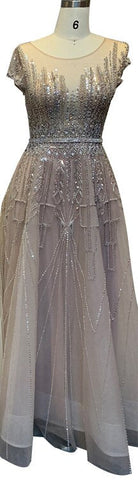 Pink A-Line Luxury Beading Sparkle Evening Dresses 2025 Dubai O-Neck Cap Sleeves Formal Dress LA70580