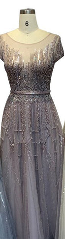 Pink A-Line Luxury Beading Sparkle Evening Dresses 2025 Dubai O-Neck Cap Sleeves Formal Dress LA70580