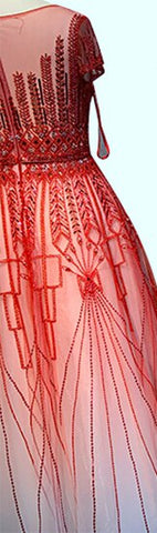 Pink A-Line Luxury Beading Sparkle Evening Dresses 2025 Dubai O-Neck Cap Sleeves Formal Dress LA70580