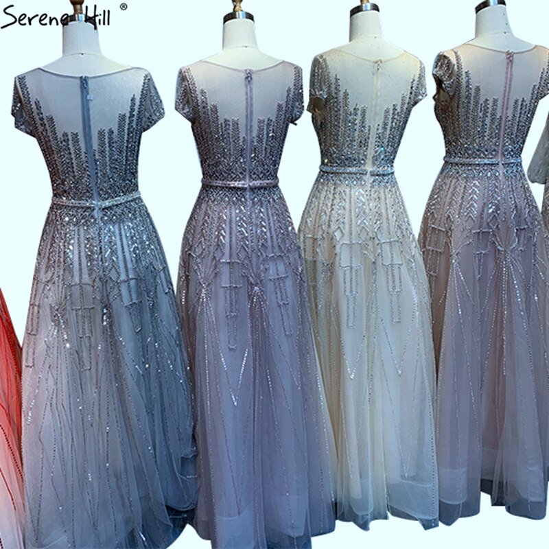Pink A-Line Luxury Beading Sparkle Evening Dresses 2025 Dubai O-Neck Cap Sleeves Formal Dress LA70580