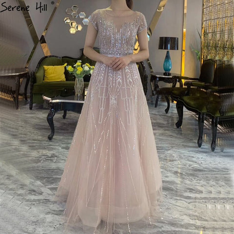 Pink A-Line Luxury Beading Sparkle Evening Dresses 2025 Dubai O-Neck Cap Sleeves Formal Dress LA70580