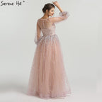 On Sale No Return No Refund Pink Glitter Longer Sleeves Sexy  A-line Evening Dresses 2025 O-Neck Fashion Tulle Evening Gown Real Photo LA6344