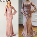 On Sale no return no refundSale Pink Lace Diamond Long Sleeves Evening Gowns Long V-Neck Sexy Evening Dress For Women 2025 LA60710