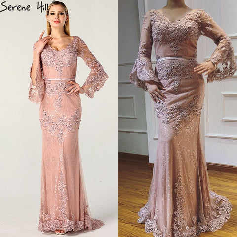 En oferta, sin devoluciones ni reembolsos. Vestido de noche largo de encaje rosa con diamantes, mangas largas, escote en V, sexy, para mujer, 2025 LA60710 