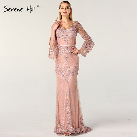 En oferta, sin devoluciones ni reembolsos. Vestido de noche largo de encaje rosa con diamantes, mangas largas, escote en V, sexy, para mujer, 2025 LA60710 