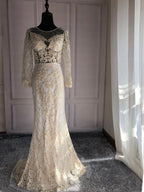 On Sale No Return No Refund Pink Long Sleeves Pearls Crystal Evening Gowns 2025 Mermaid Sexy Elegant  Formal Evening Dress LA6274 Plus Size