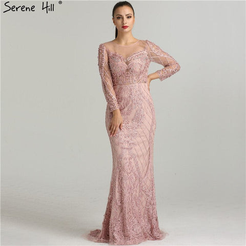Robe de soirée sirène rose à manches longues et perles, tenue de soirée élégante et sexy, grande taille, LA6274, en solde, sans retour ni remboursement, 2025 