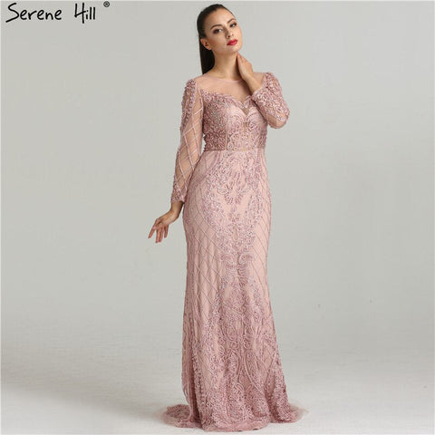 Robe de soirée sirène rose à manches longues et perles, tenue de soirée élégante et sexy, grande taille, LA6274, en solde, sans retour ni remboursement, 2025 