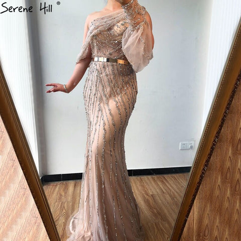 Pink Luxury Beading Crystal Evening Dresses One Shouder Sparkle Sexy Formal Dress 2025 LA70258