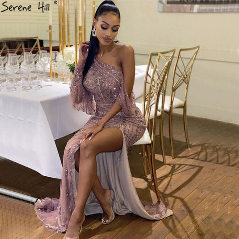Pink Luxury Beading Crystal Evening Dresses One Shouder Sparkle Sexy Formal Dress 2025 LA70258
