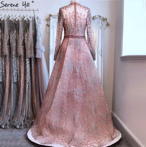 Pink Mermaid Crystal Long Sleeves Evening Dresses 2025 Dubai High Neck Sparkle Formal Dress LA70582