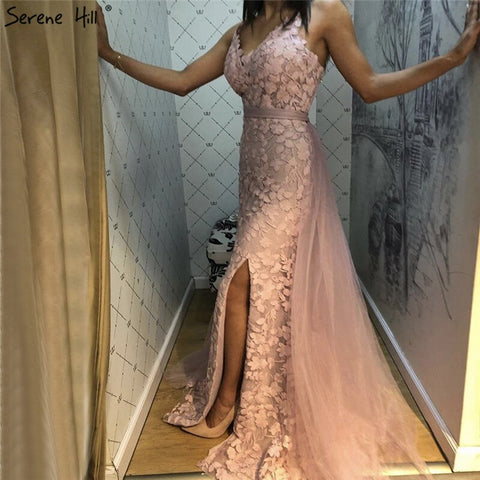 Pink Mermaid V-Neck Sexy Evening Dresses 2025 Handmade Flowers Sleeveless Tulle Formal Dress LA70431