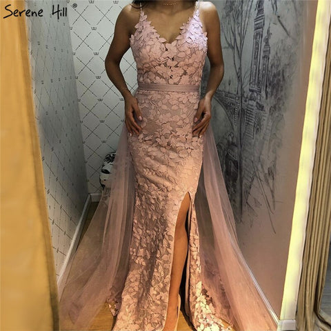 Pink Mermaid V-Neck Sexy Evening Dresses 2025 Handmade Flowers Sleeveless Tulle Formal Dress LA70431