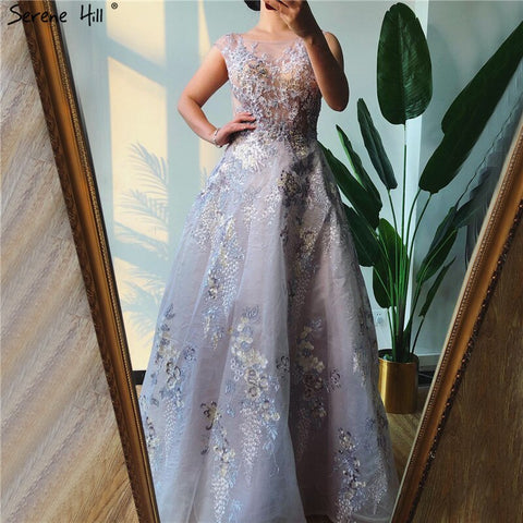 On Sale no return no refundSale Pink O-Neck Handmade Flowers A-Line Evening Dresses 2025 Sleeveless Crystal A-Line Formal Dress LA70326