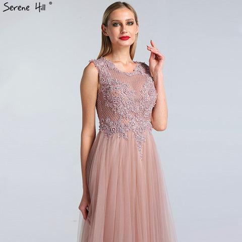 Pink O-Neck Pearls Crystal Sexy Evening Dresses A-Line Sleeveless Tulle Formal Dress 2025 LA60981