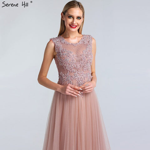 Pink O-Neck Pearls Crystal Sexy Evening Dresses A-Line Sleeveless Tulle Formal Dress 2025 LA60981