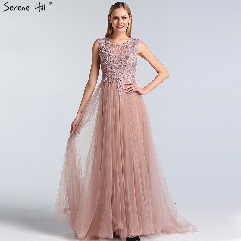 Pink O-Neck Pearls Crystal Sexy Evening Dresses A-Line Sleeveless Tulle Formal Dress 2025 LA60981